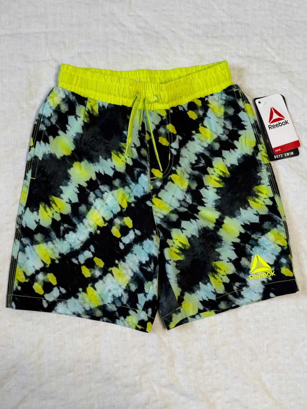 Reebok Boys Black Yellow Light Blue Tie-Dye Athletic Swim Shorts Trunks size 6/7